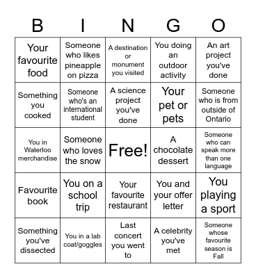 Science Orientation Bingo Card