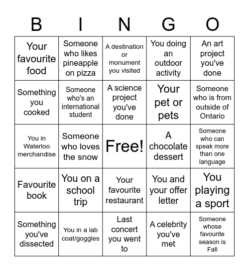 Science Orientation Bingo Card