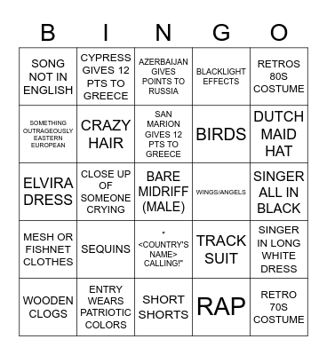 Eurovision Bingo! Bingo Card