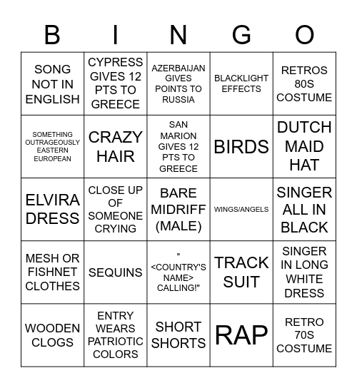 Eurovision Bingo! Bingo Card