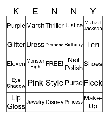 Kennedy's Sleepover Bingo Card