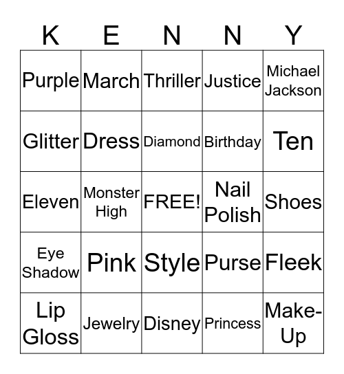 Kennedy's Sleepover Bingo Card