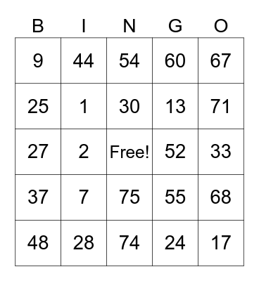 Number Bingo 1-75 Bingo Card