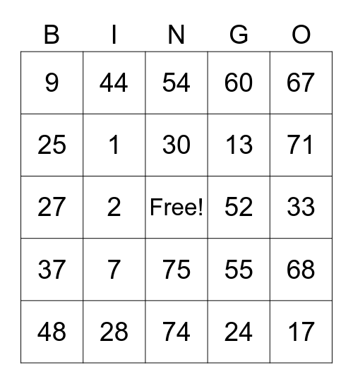 Number Bingo 1-75 Bingo Card
