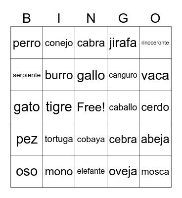 Animals in Spanish! Bingo Card