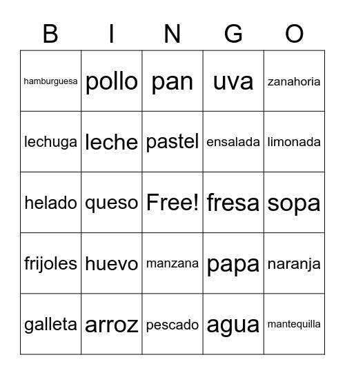 Food in Spanish! Bingo Card