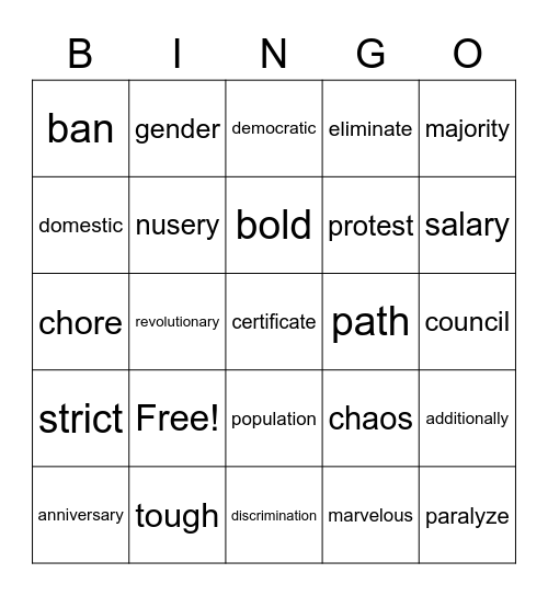 Lesson 7  Vocabularly Bingo Card