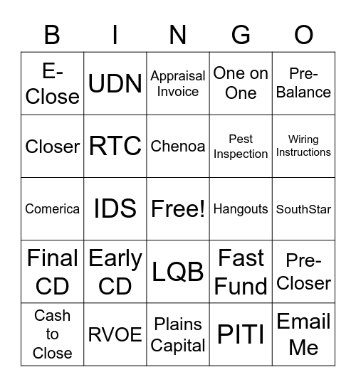 Open Mortgage Closing Department Bingo Card
