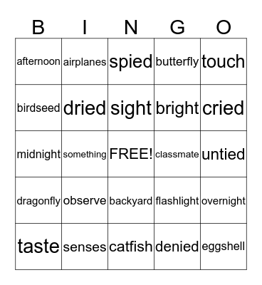Compound Words; Long i: igh, ie Bingo Card