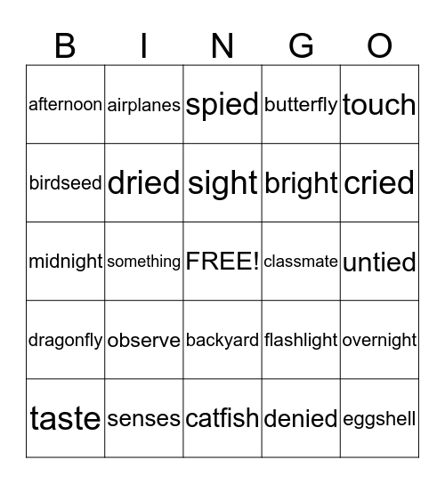 Compound Words; Long i: igh, ie Bingo Card