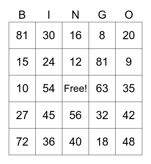 Multiplication Facts Bingo Card