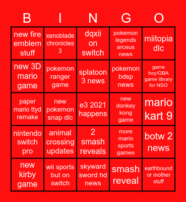 nintendo e3 2021 Bingo Card