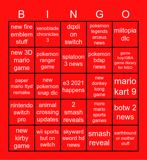 nintendo e3 2021 Bingo Card