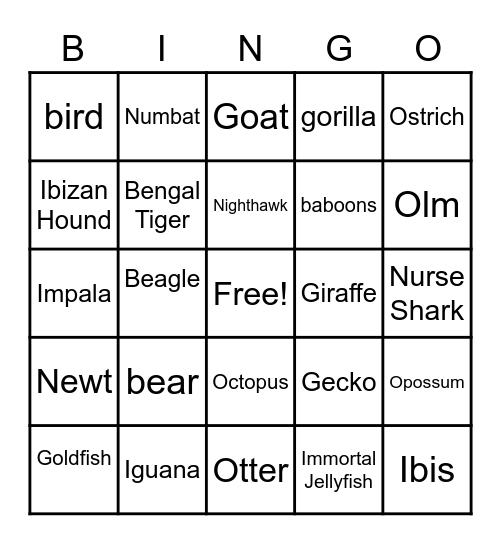 animal bingo Card