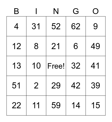 NUMBER BINGO Card