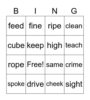Long Vowels game 3 Bingo Card