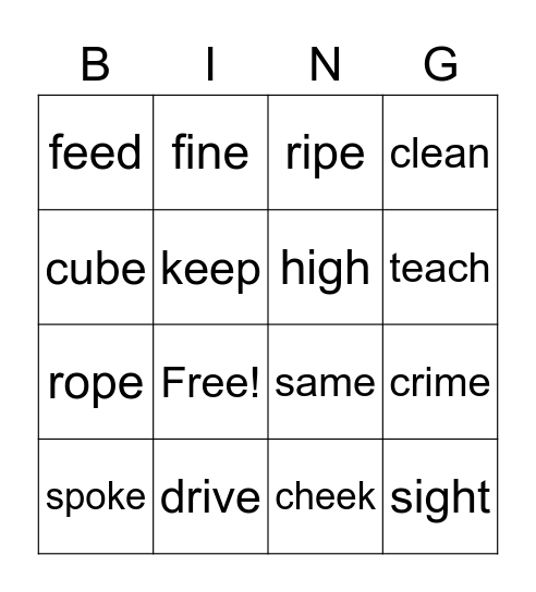 Long Vowels game 3 Bingo Card