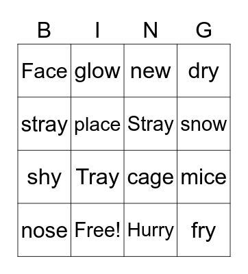 Long Vowel Endings game 1 Bingo Card