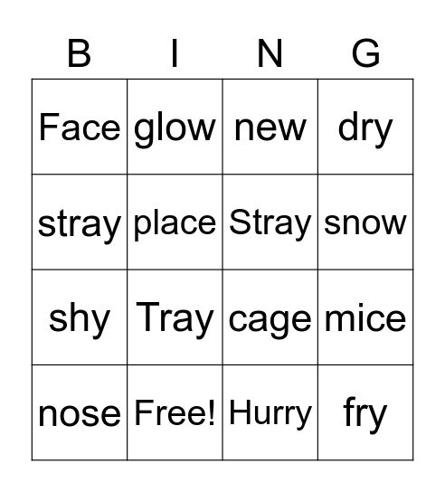 Long Vowel Endings game 1 Bingo Card
