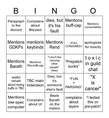 Asgreene TBC Pre-Patch Bingo Card