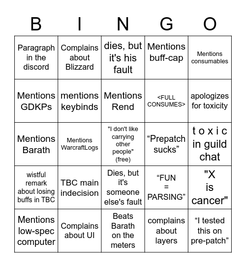 Asgreene TBC Pre-Patch Bingo Card