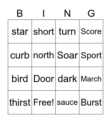 “R” Vowels game 1 Bingo Card