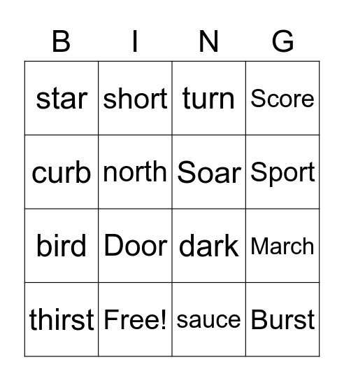 “R” Vowels game 1 Bingo Card