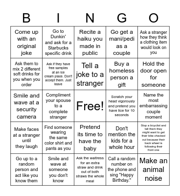 Out on the Town Married Couple Dare Bingo Card