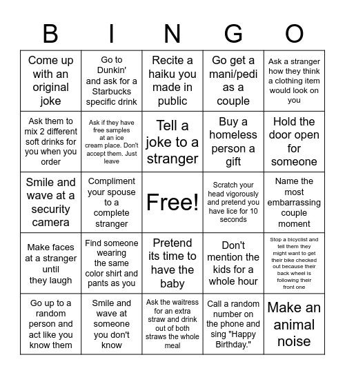 Out on the Town Married Couple Dare Bingo Card