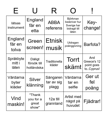 Eurovision Bingo Card