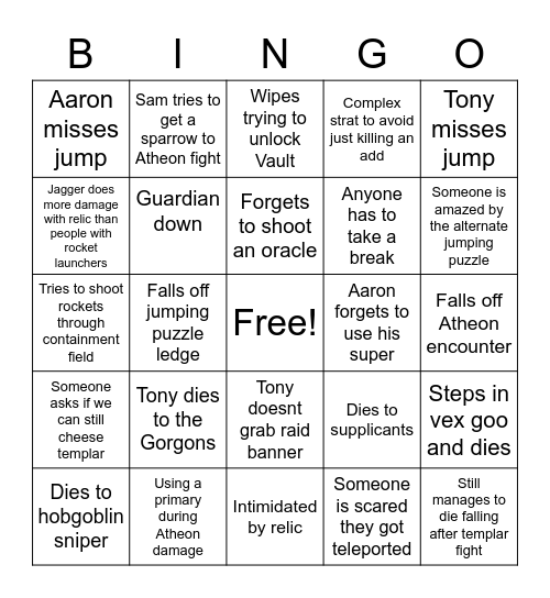 Destiny Raid Bingo Card