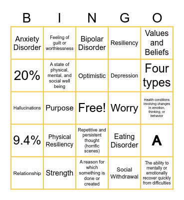 Mental Health Bingo Card