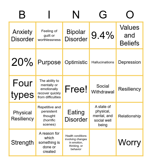 Mental Health Bingo Card