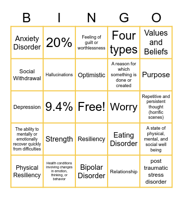 Mental Health Bingo Card