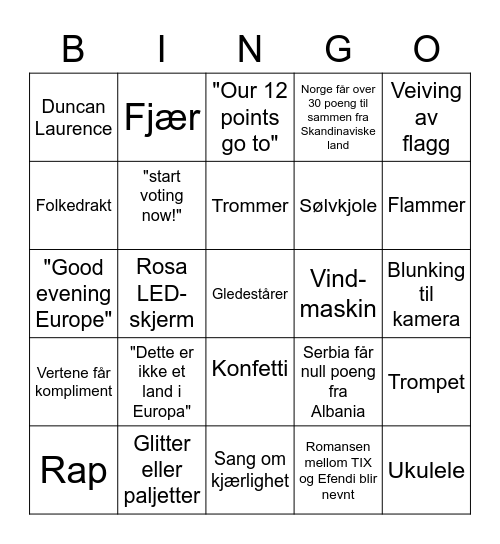 EUROVISION 2021 Bingo Card