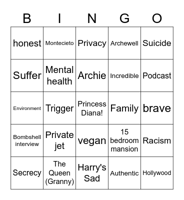 Harry & His Wife Wokery Bingo Card