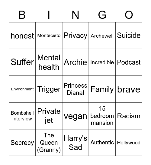 Harry & His Wife Wokery Bingo Card