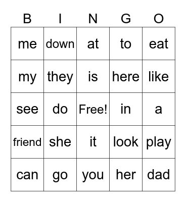 Sight Words Bingo Card