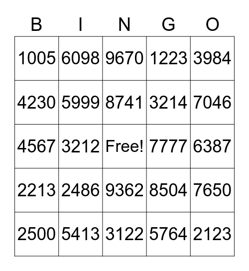 Les chiffres 1 000 - 10 000 Bingo Card