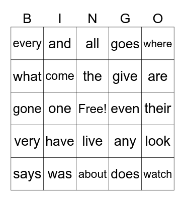 Sight Words Bingo Card