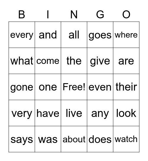 Sight Words Bingo Card
