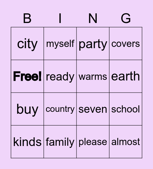 Sight Word Bingo Card