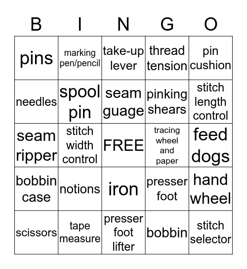 Sewing Equipment and parts of sewing machine Bingo Card