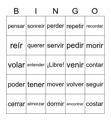 Stem-Changing Verbs Bingo Card