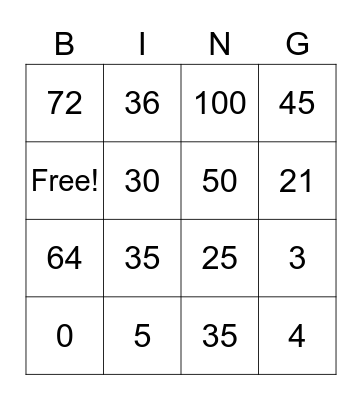 Multiplication Bingo Card