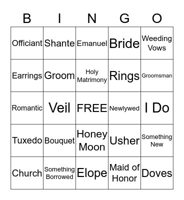 Bridal Bingo Card