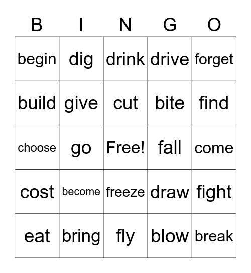 Past Participle of Verbs Bingo Card