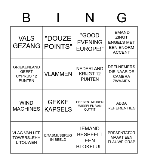 EUROVISIE SONGFESTIVAL BINGO Card