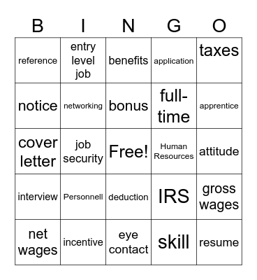 Employment Vocabulary Bingo Card