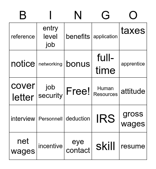 Employment Vocabulary Bingo Card